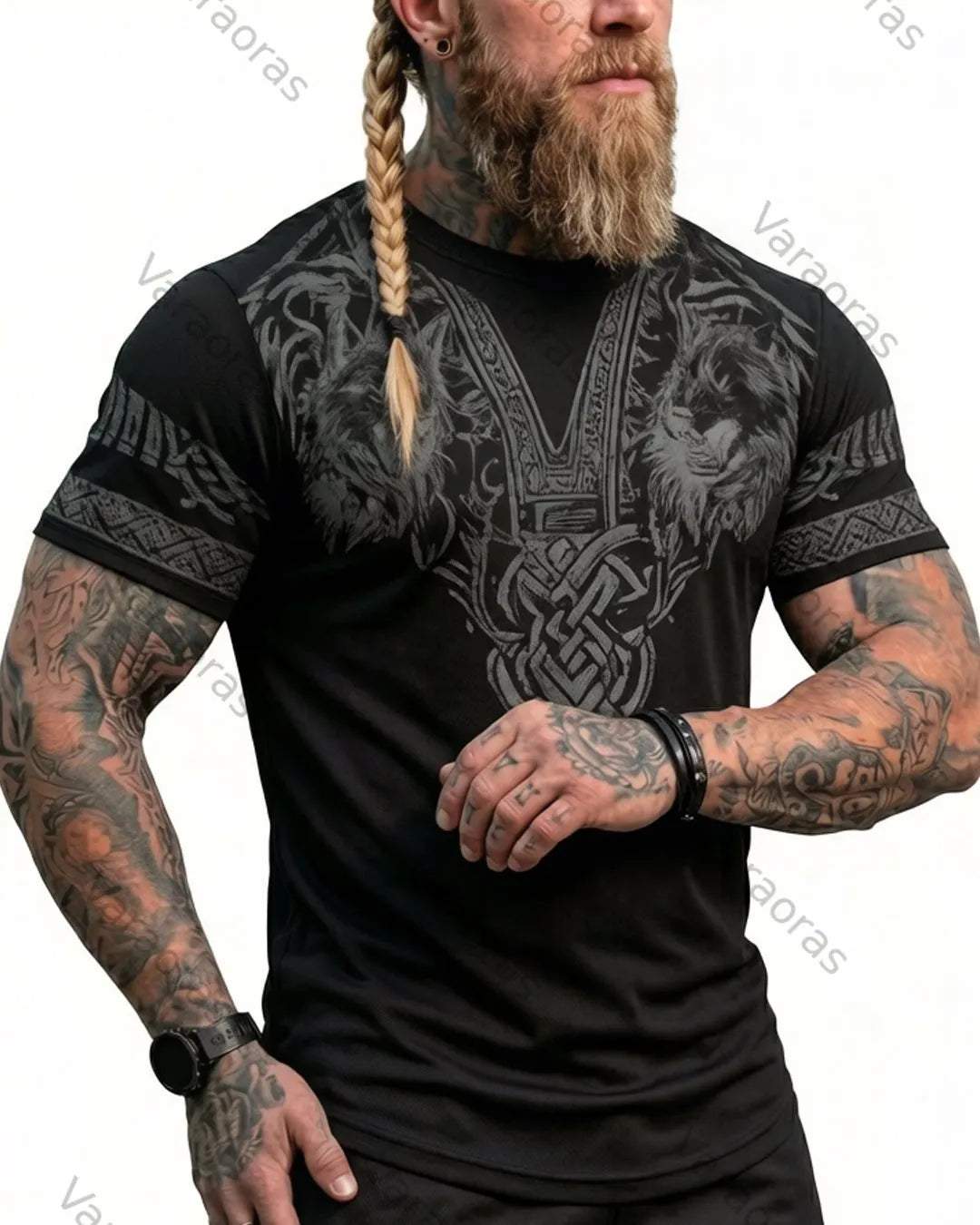Men's Summer Viking Wolf Totem Print Short-Sleeve T-Shirt 5546