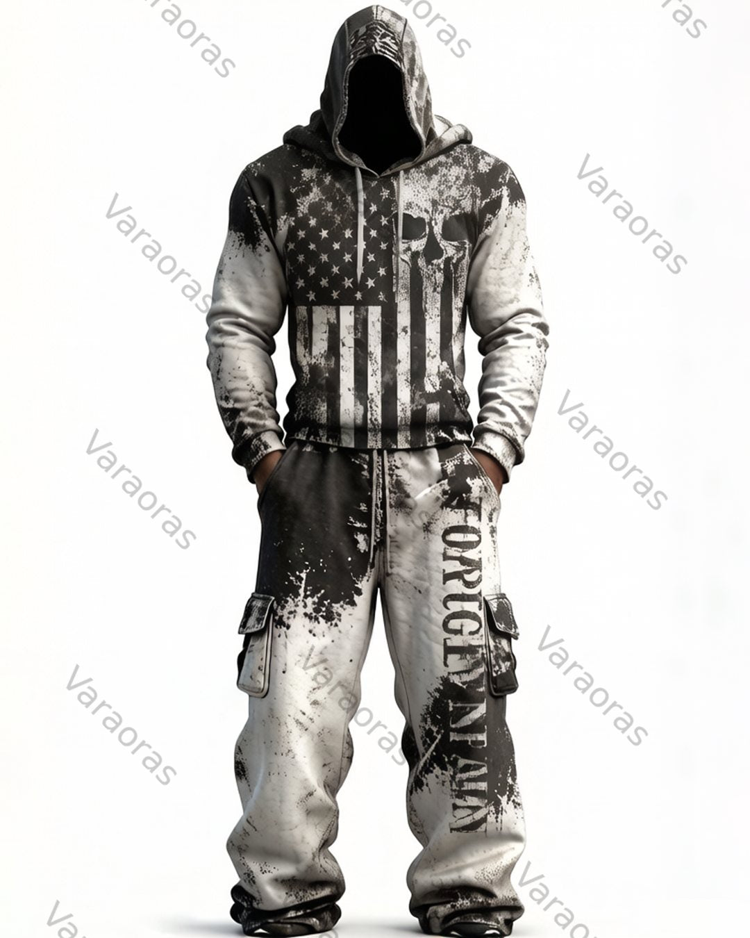 Men's Fashion Skull Contrast Color Embroidered Hoodie & Pants Two-Piece Set 8863