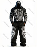 Men's Fashion Viking Contrast Color Bear Embroidered Hoodie & Pants Two-Piece Set 9859