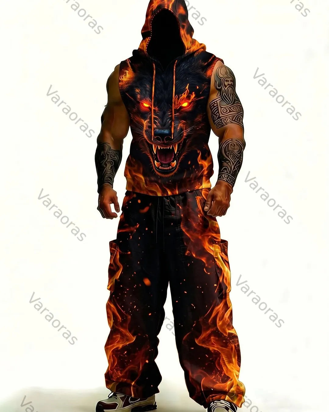 Men's Fashion Wolf Embroidery Hooded Sleeveless Top and Pants Two-Piece Set 3700