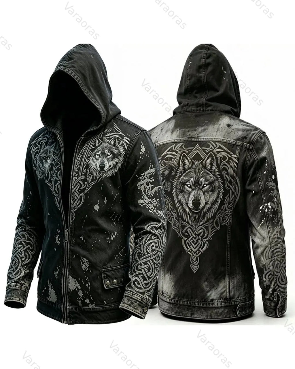 Men's Retro Fashion Viking Wolf Print cowboy Hooded Zip-Up Jacket  5724