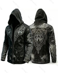 Men's Retro Fashion Viking Wolf Print cowboy Hooded Zip-Up Jacket  5724