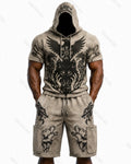 Men's Viking Color-Block Embroidered Hooded Short-Sleeved Top and Shorts Set 5439