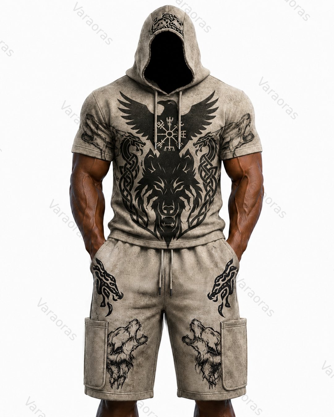 Men's Viking Color-Block Embroidered Hooded Short-Sleeved Top and Shorts Set 5439