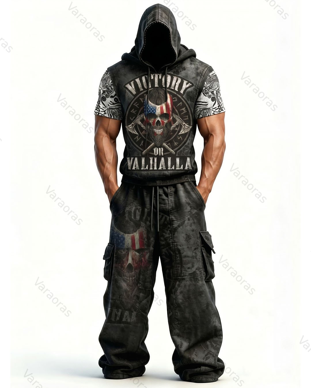 Men's Fashion Viking Contrast Color Embroidered Hoodie & Pants Two-Piece Set 2520