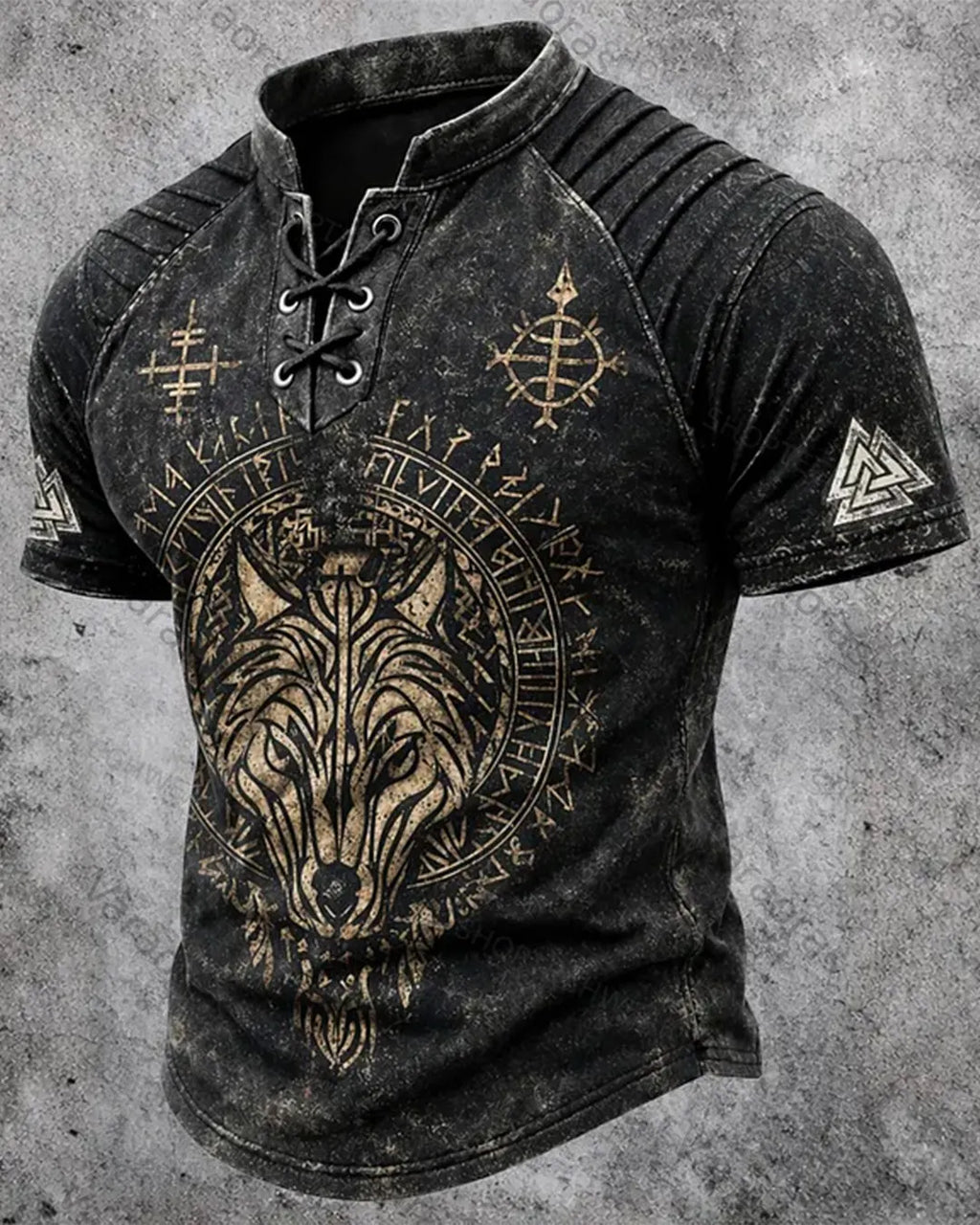 Men's Viking Wolf Rune Print Short-Sleeve Henley T-Shirt 4995