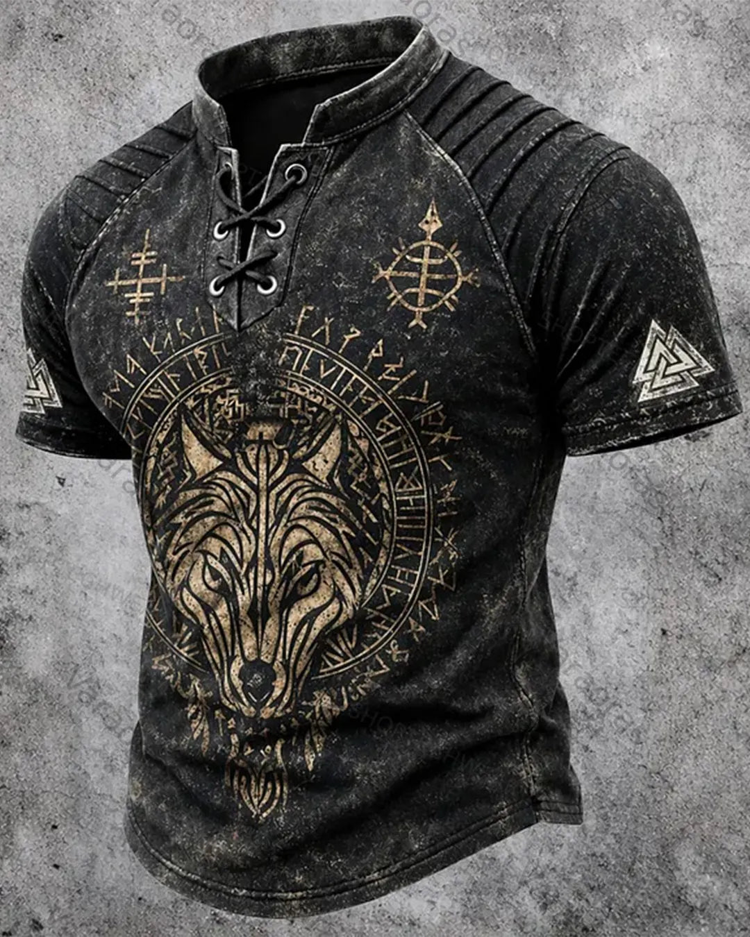 Men's Viking Wolf Rune Print Short-Sleeve Henley T-Shirt 4995