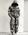 Men's Fashion Viking Contrast Color Cross Embroidered Hoodie & Pants Two-Piece Set 2588