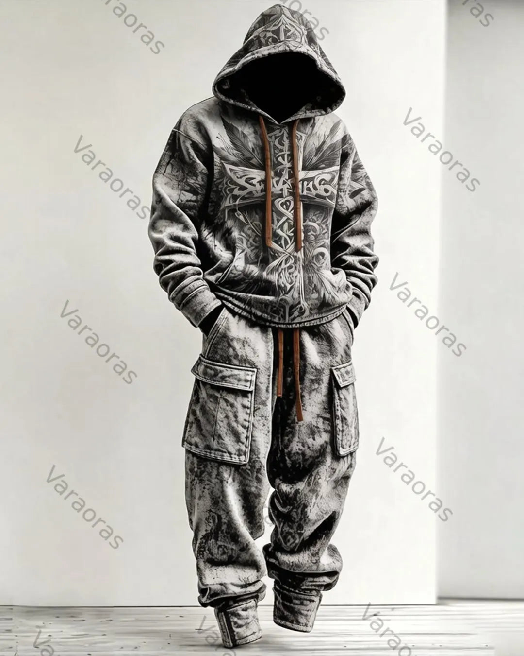 Men's Fashion Viking Contrast Color Cross Embroidered Hoodie & Pants Two-Piece Set 2588