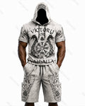 Men's Viking Color-Block Embroidered Hooded Short-Sleeved Top and Shorts Set 7981