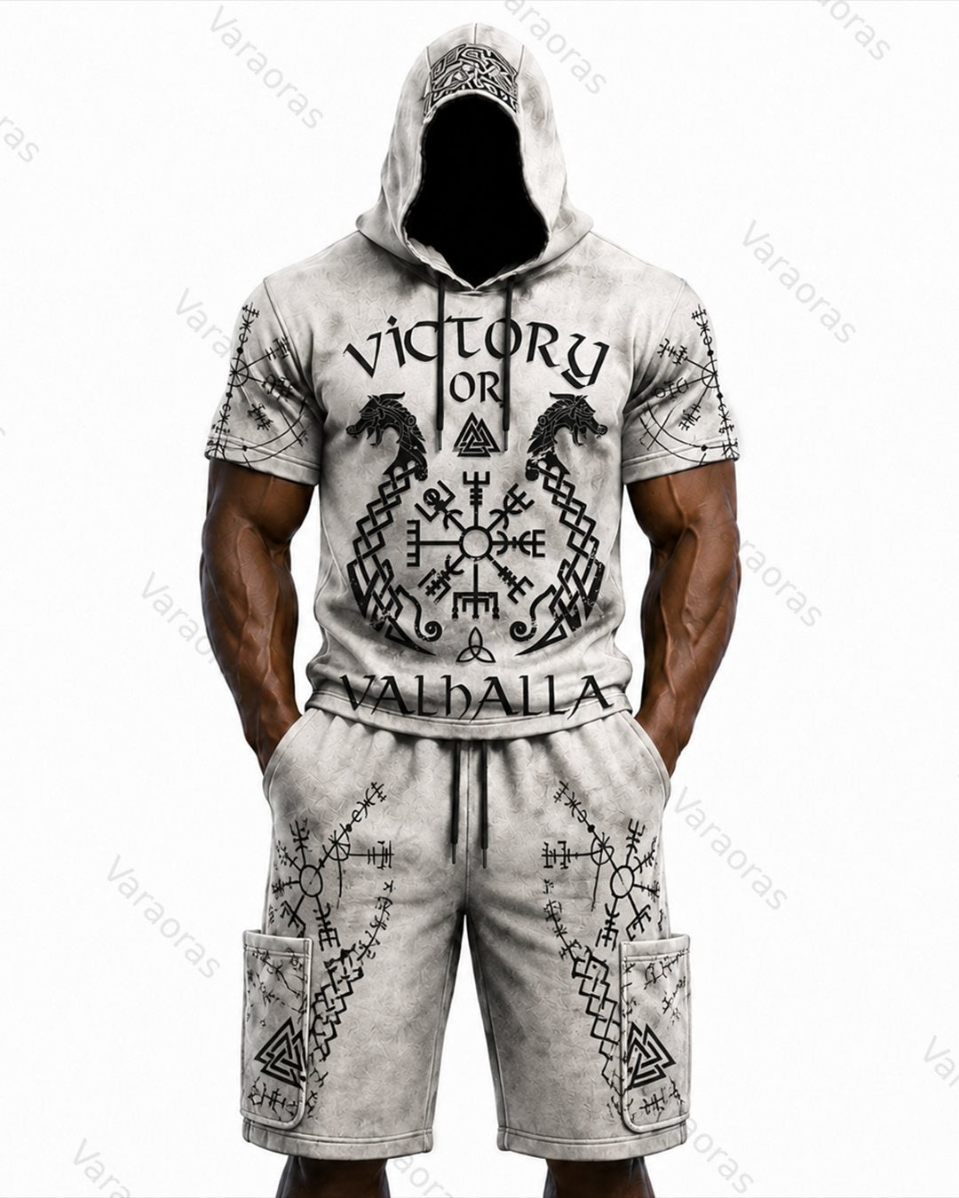 Men's Viking Color-Block Embroidered Hooded Short-Sleeved Top and Shorts Set 7981