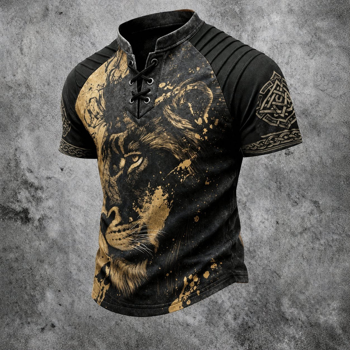 Men's Viking Lion Print Short-Sleeve Henley T-Shirt 8080
