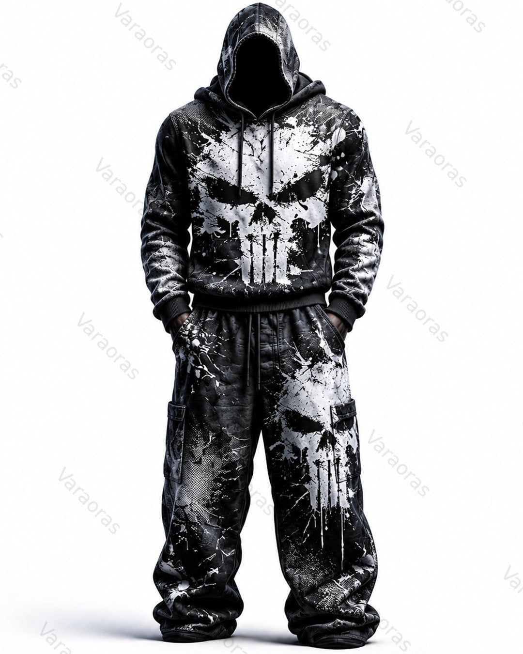 Men's Fashion Skull Contrast Color Embroidered Hoodie & Pants Two-Piece Set 6591