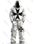 Men's Color-Blocked Cultural Cross Embroidered Distressed Hoodie and Pants Two-Piece Set 8174