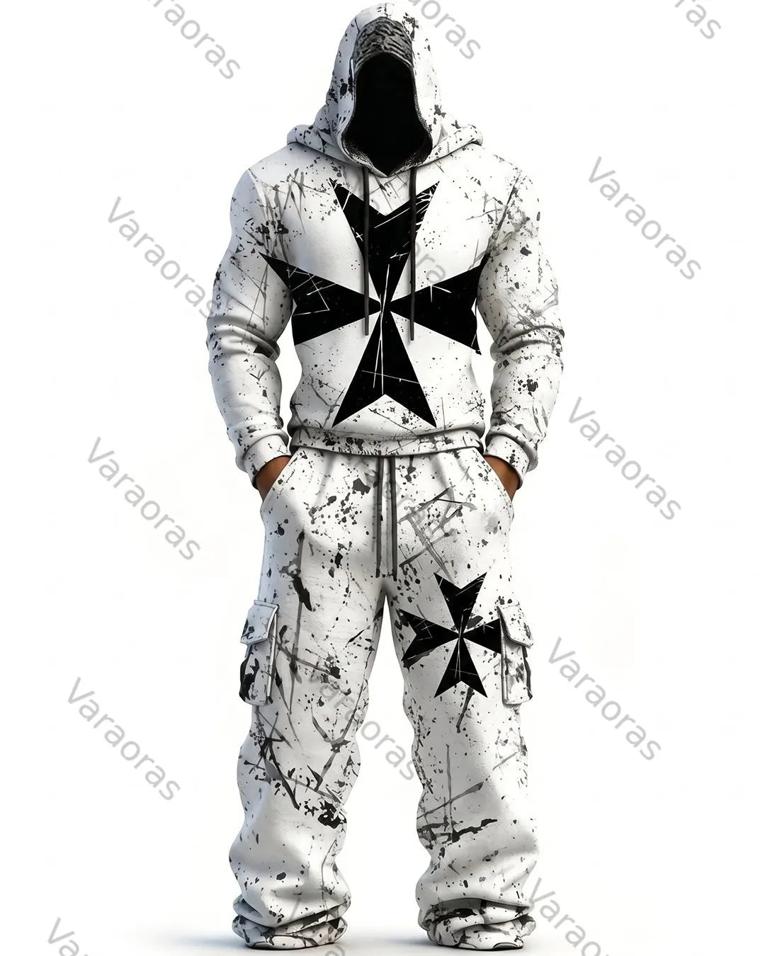 Men's Color-Blocked Cultural Cross Embroidered Distressed Hoodie and Pants Two-Piece Set 8174