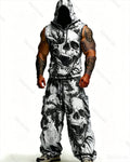 Men's Fashion Skull Embroidered Hooded Sleeveless Top and Pants Two-Piece Set 2962