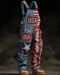 Men's Summer Outdoor Casual Independence Day 3D Embroidered Denim Jumpsuit Overalls 7022