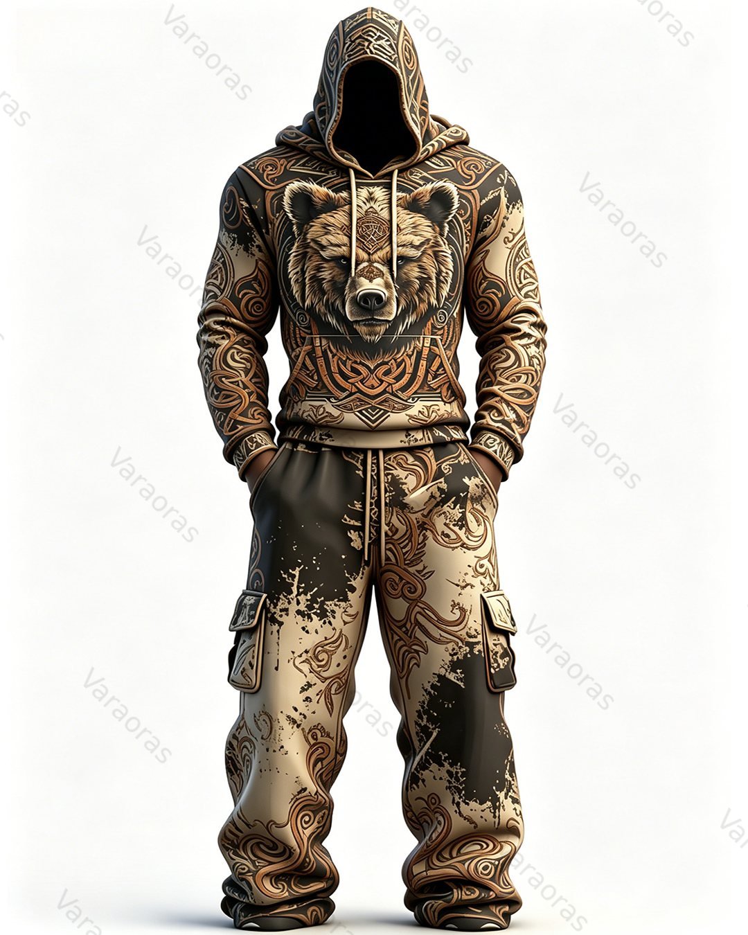 Men's Fashion Viking Contrast Color Bear Embroidered Hoodie & Pants Two-Piece Set 6278