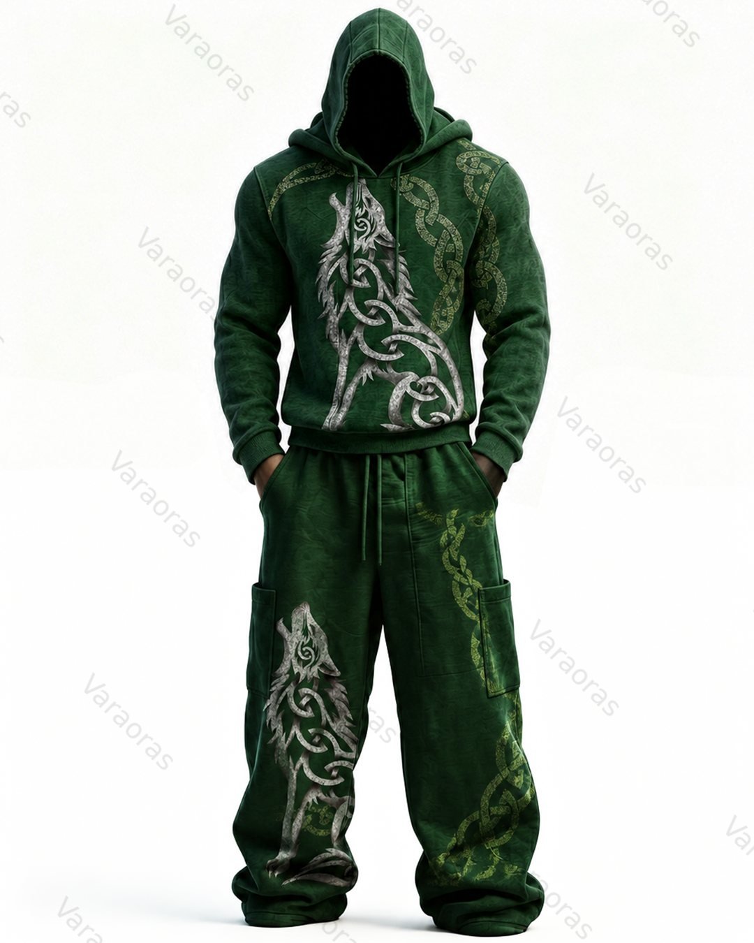 Men's Fashion Contrast Colo Wolf Embroidered Hoodie & Pants Two-Piece Set 4097