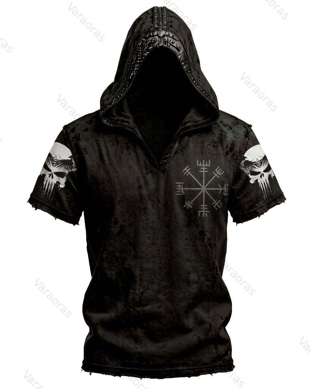 Men's Summer Viking Print Fashion Cotton Linen Hooded Short-Sleeve Sweatshirt  9280