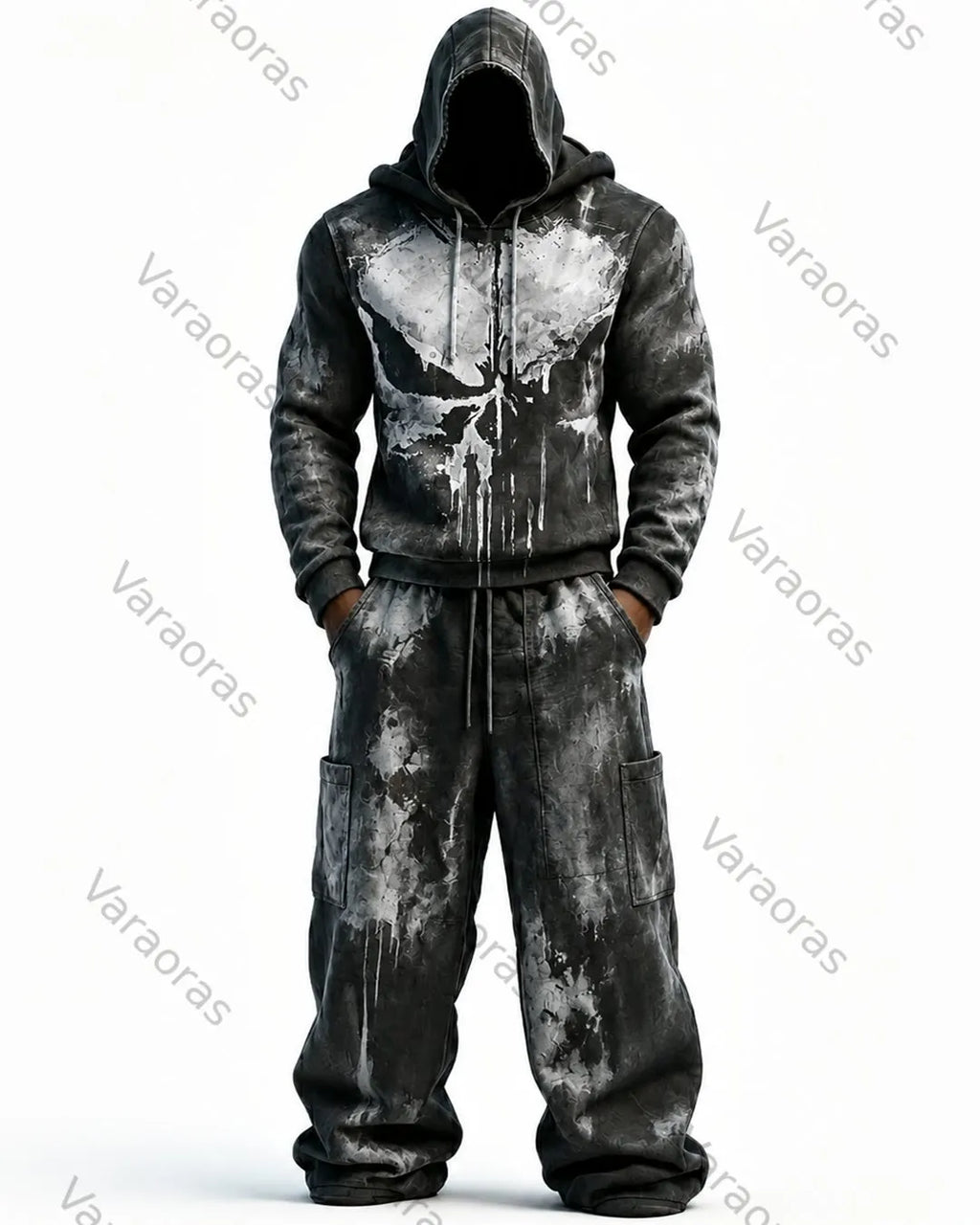 Men's Fashion Skull Contrast Color Embroidered Hoodie & Pants Two-Piece Set 1313