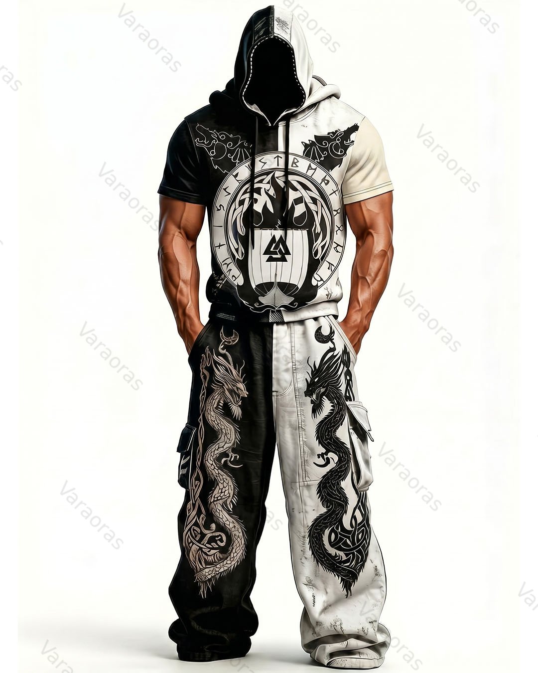 Men's Fashion Viking Contrast Color Embroidered Hoodie & Pants Two-Piece Set 1200
