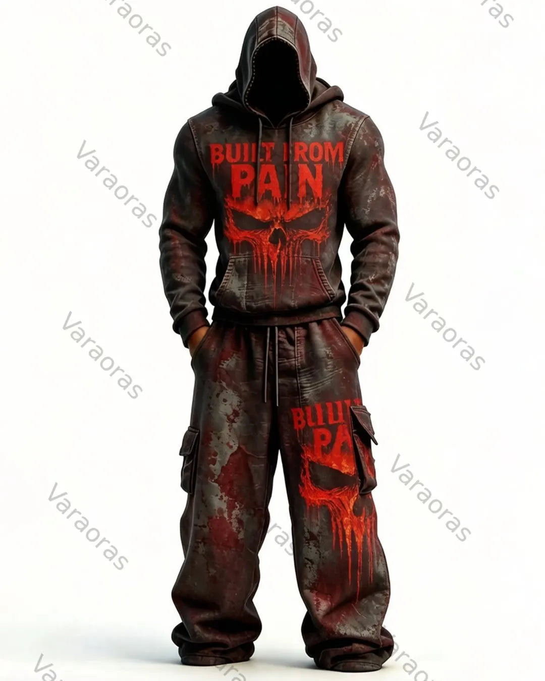 Men's Fashion Skull Contrast Color Embroidered Hoodie & Pants Two-Piece Set 7090