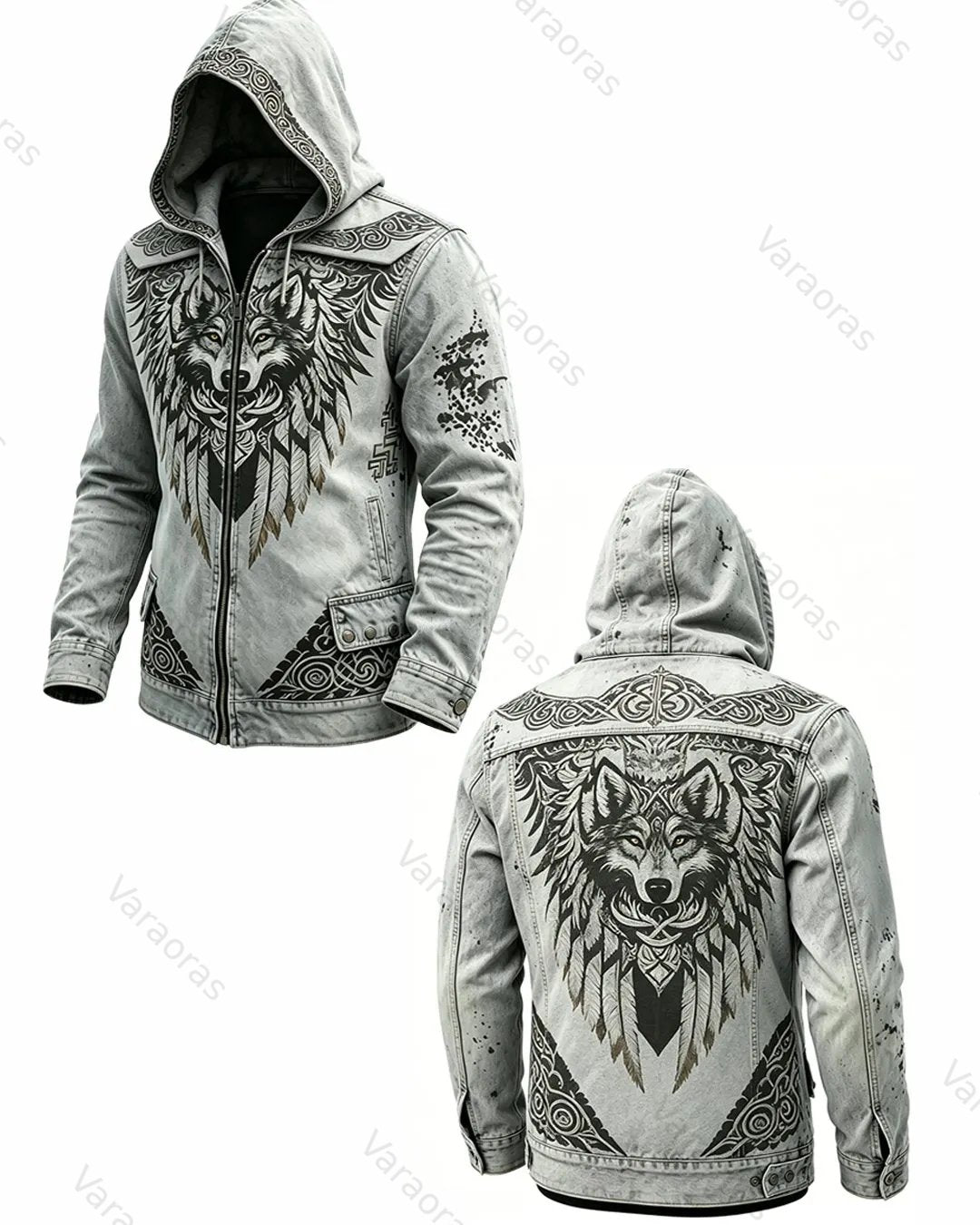 Men's Retro Fashion Viking Wolf Print Cotton Linen Hooded Zip-Up Jacket  1956