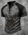 Men's Viking Wolf Print Short-Sleeve Henley T-Shirt 2176