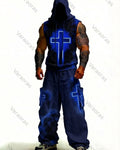 Men's Fashion Cross Embroidered Hooded Sleeveless Top and Pants Two-Piece Set3624