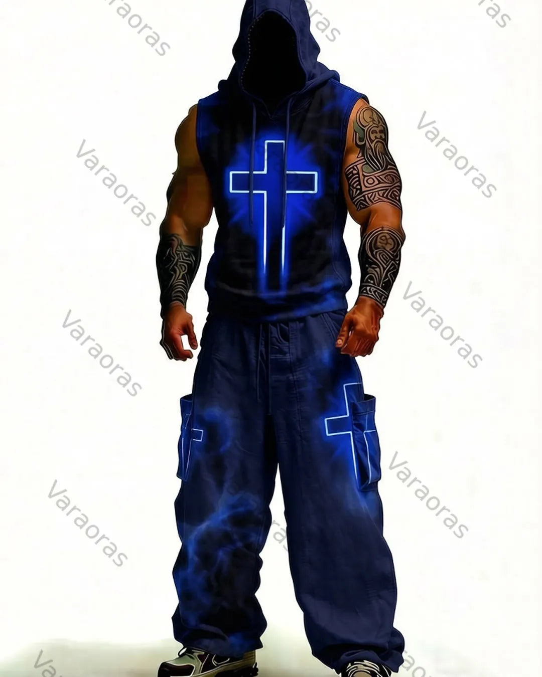 Men's Fashion Cross Embroidered Hooded Sleeveless Top and Pants Two-Piece Set3624