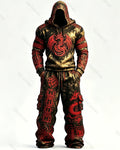 Men's Fashion Contrast Colo Red Dragonr Embroidered Hoodie & Pants Two-Piece Set 8873