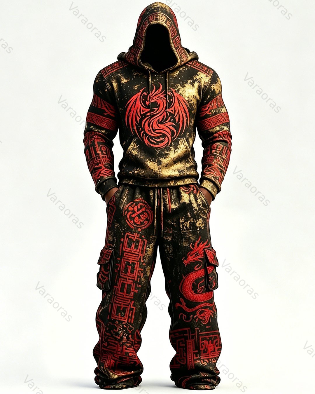 Men's Fashion Contrast Colo Red Dragonr Embroidered Hoodie & Pants Two-Piece Set 8873