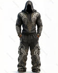 Men's Fashion Viking Contrast Color Embroidered Hoodie & Pants Two-Piece Set 6862