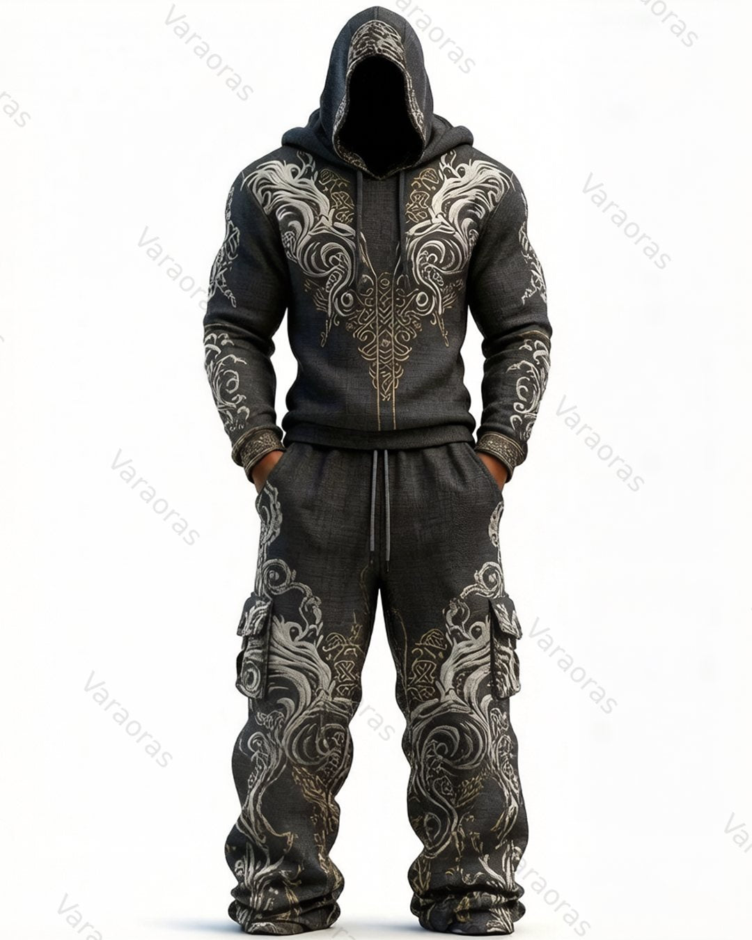 Men's Fashion Viking Contrast Color Embroidered Hoodie & Pants Two-Piece Set 6862