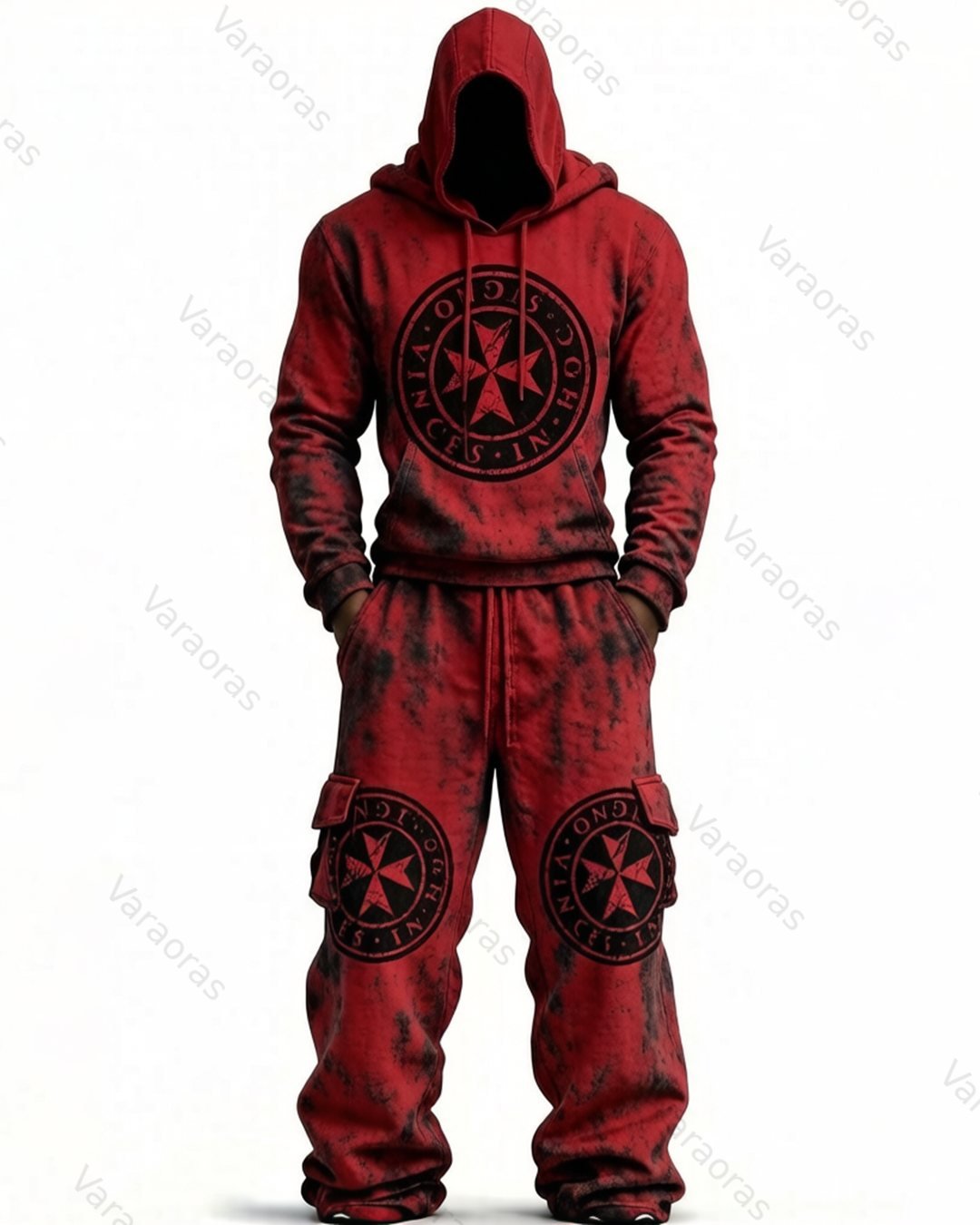 Men's Color-Blocked Cultural Cross Embroidered Distressed Hoodie and Pants Two-Piece Set 9237