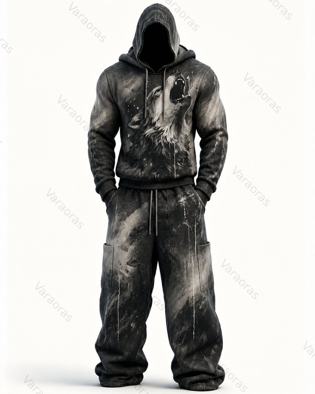 Men's Fashion Gradient Wolf Embroidered Hoodie & Pants Two-Piece Set 9901