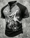 Men's Viking Wolf Print Short-Sleeve Henley T-Shirt 8215