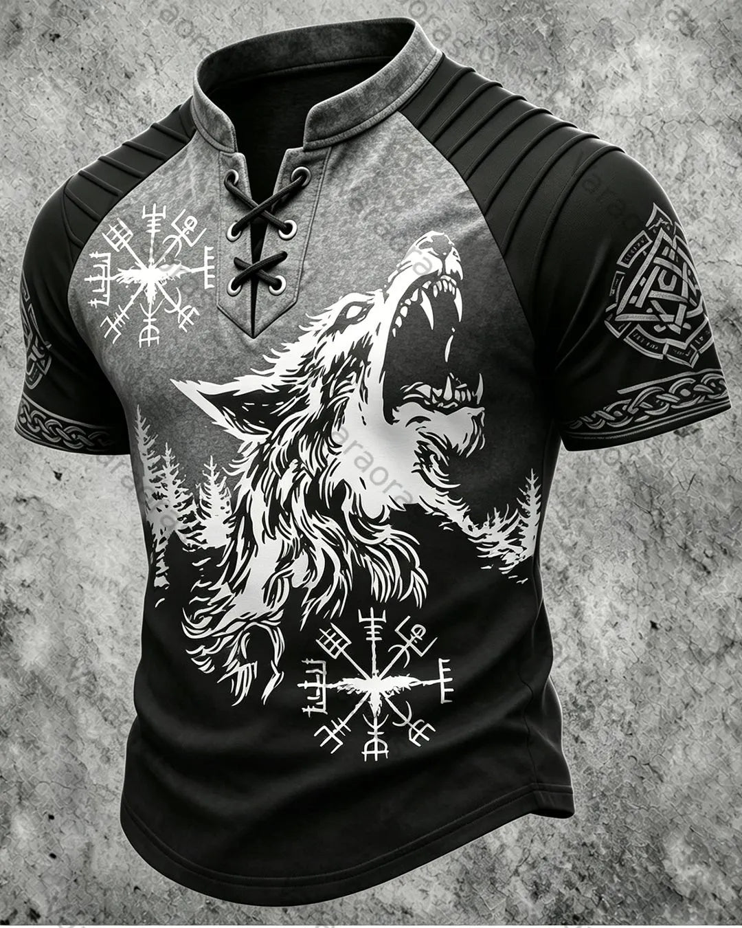 Men's Viking Wolf Print Short-Sleeve Henley T-Shirt 8215