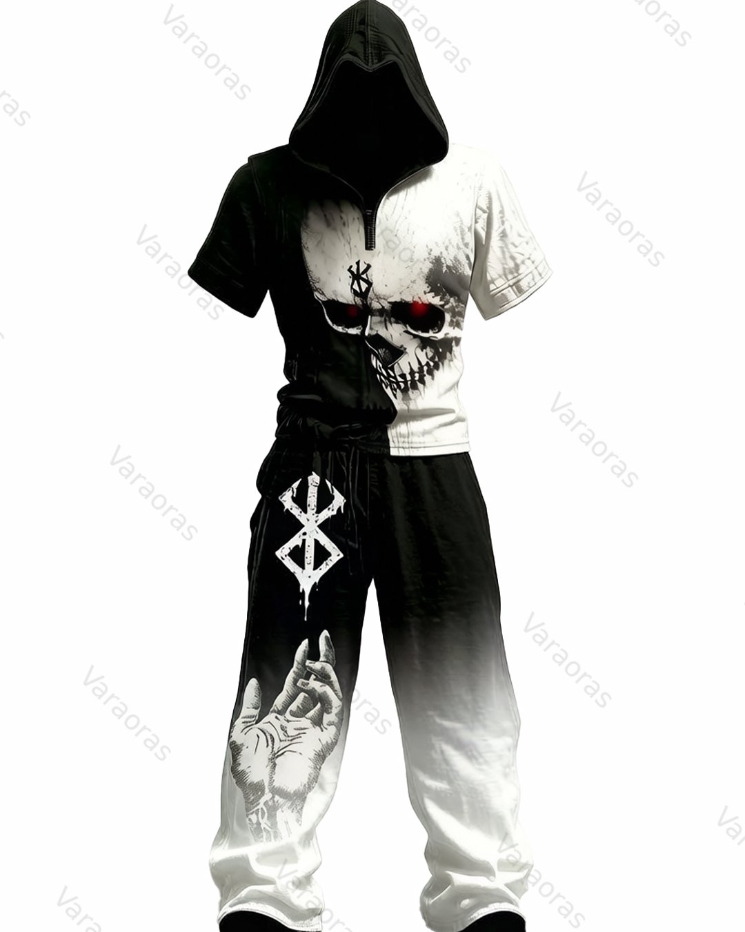 Men's Summer Fashion Gothic Skull Gradient Hooded Top and Pants Two-Piece Set 3402