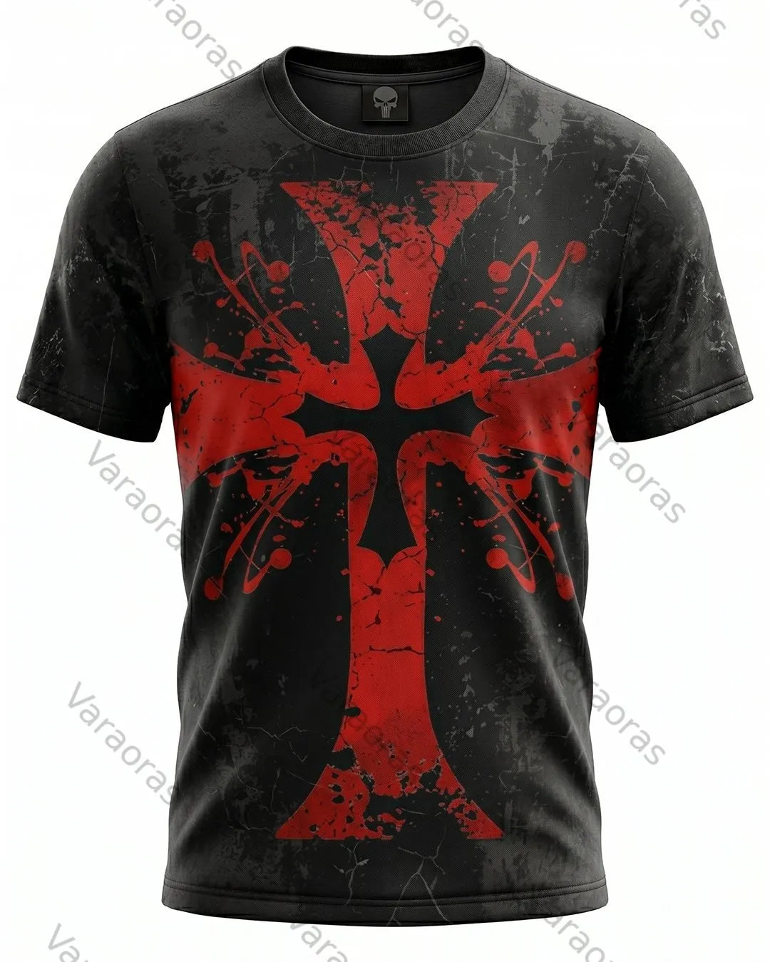 Men's Fashion Contrast Color Cross Print Washed T-Shirt 4299