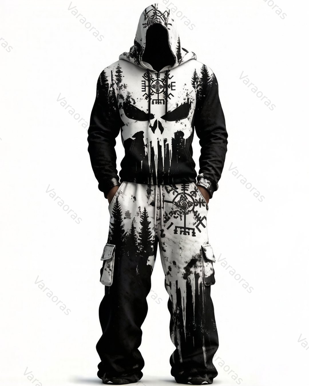 Men's Fashion Skull Contrast Color Embroidered Hoodie & Pants Two-Piece Set 4888