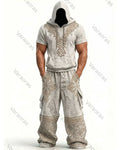 Men's Fashion Viking Contrast Color Embroidered Hoodie & Pants Two-Piece Set 7588