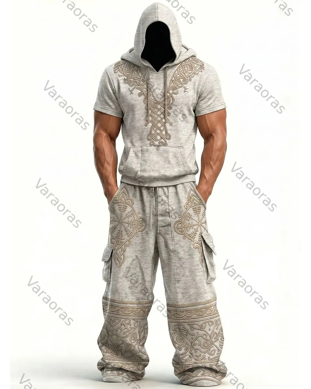 Men's Fashion Viking Contrast Color Embroidered Hoodie & Pants Two-Piece Set 7588