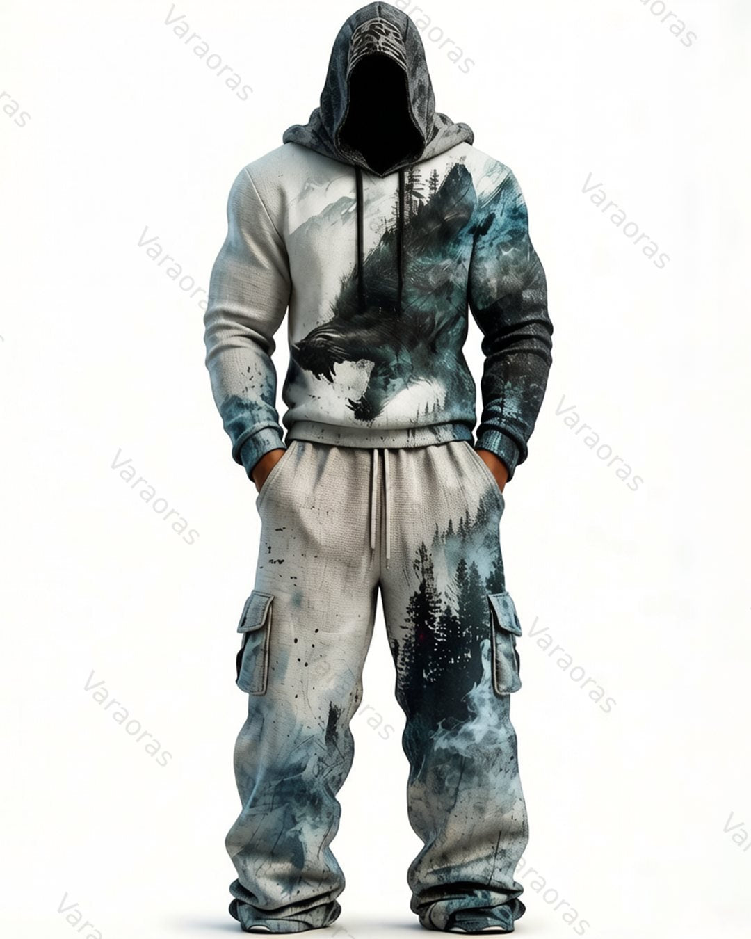 Men's Fashion Viking Contrast Color Embroidered Hoodie & Pants Two-Piece Set 1074