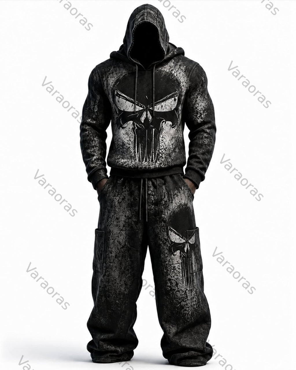 Men's Fashion Skull Contrast Color Embroidered Hoodie & Pants Two-Piece Set 4216