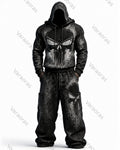 Men's Fashion Skull Contrast Color Embroidered Hoodie & Pants Two-Piece Set 4216