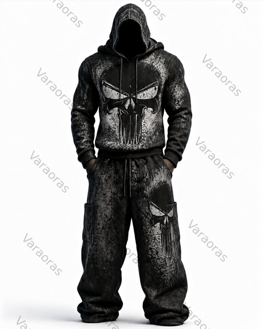 Men's Fashion Skull Contrast Color Embroidered Hoodie & Pants Two-Piece Set 4216