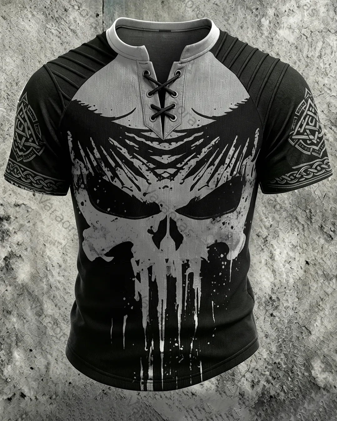 Men's Viking Skull Print Short-Sleeve Henley T-Shirt 3904