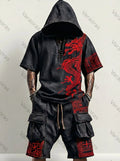 Men's Summer Viking Embroidered Hooded Top & Shorts Two-Piece Set 8143